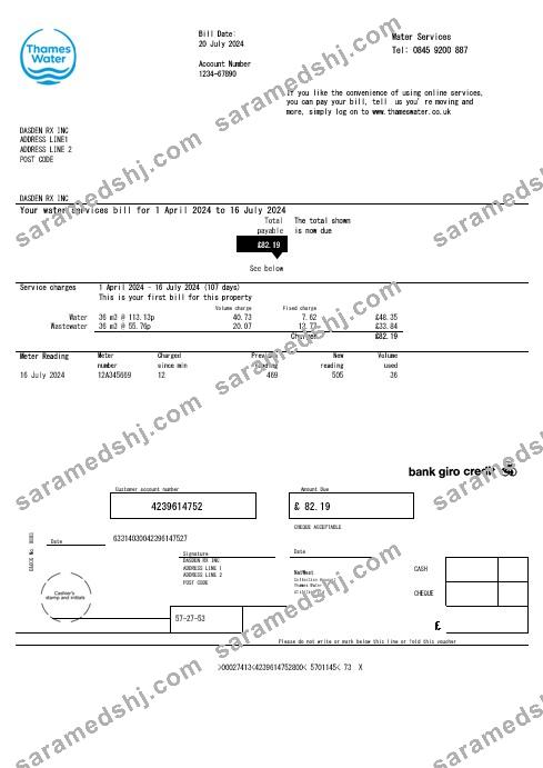 United Kingdom Thames Water business utility bill template in Word and PDF formats